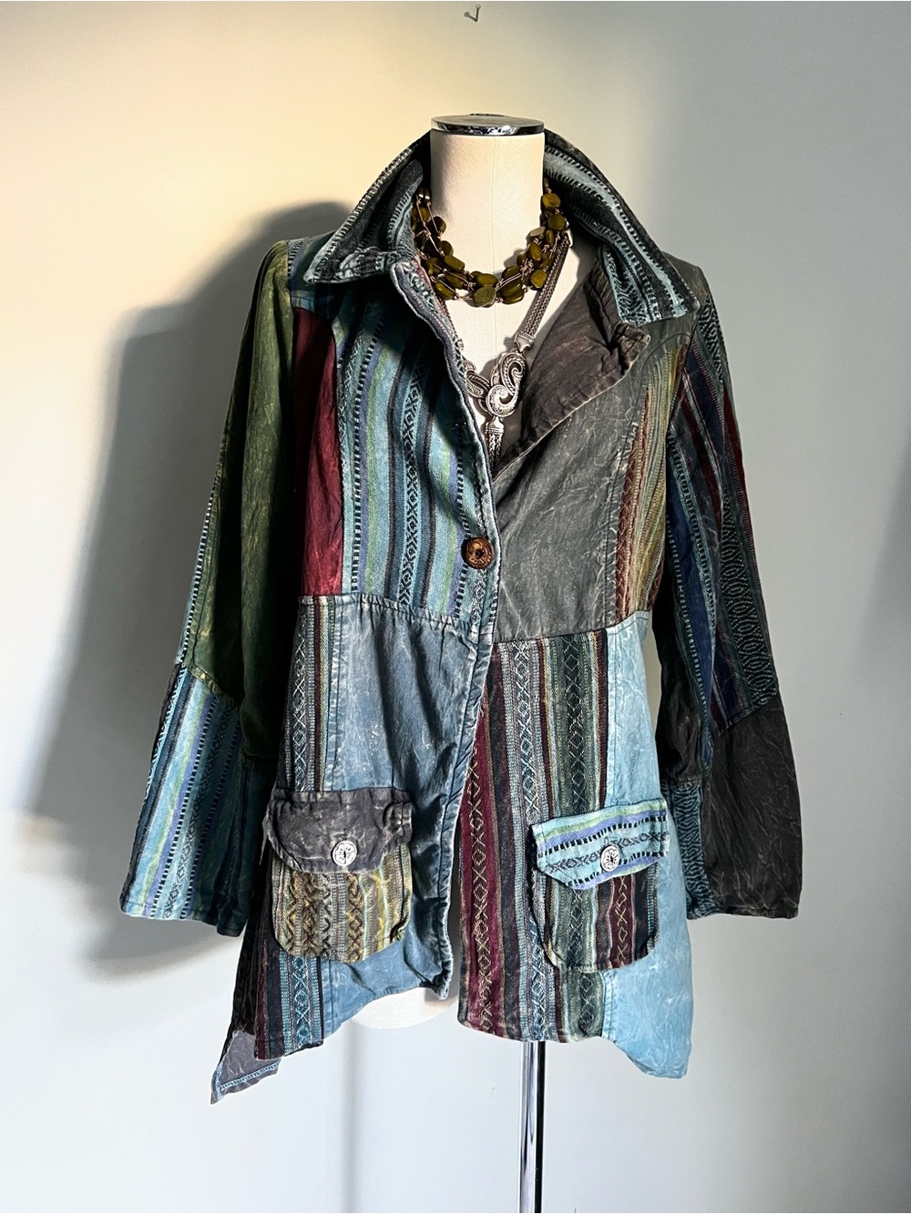 Kathmandu Imports Nepal Patchwork Cotton Asymmetrical Jacket M Boho Artsy Hippie